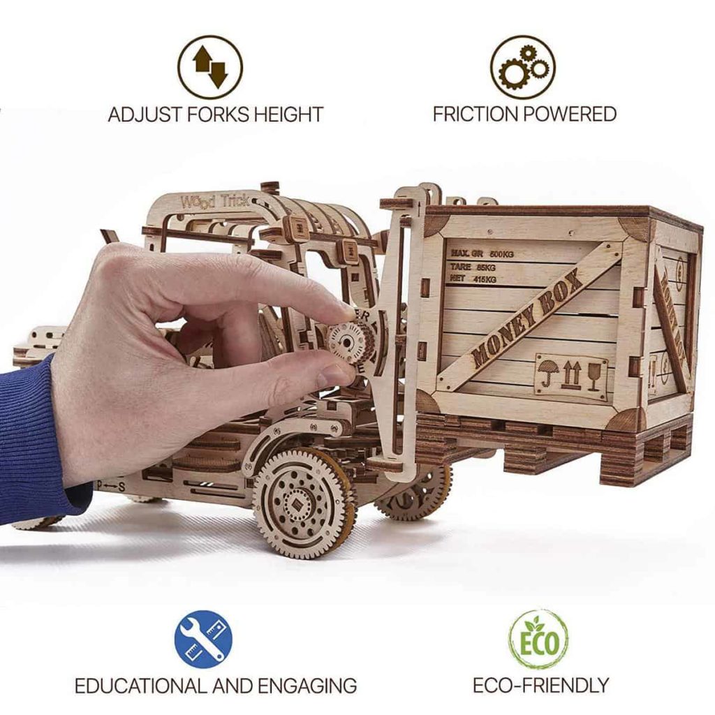 Wood Trick Forklift Toy Set + Money Box, Forklift Truck with Pallet